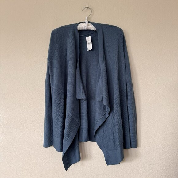 Women’s M Ann Taylor LOFT Blue Teal Knit Long Sleeve Waterfall Sweater Cardigan - Picture 8 of 8